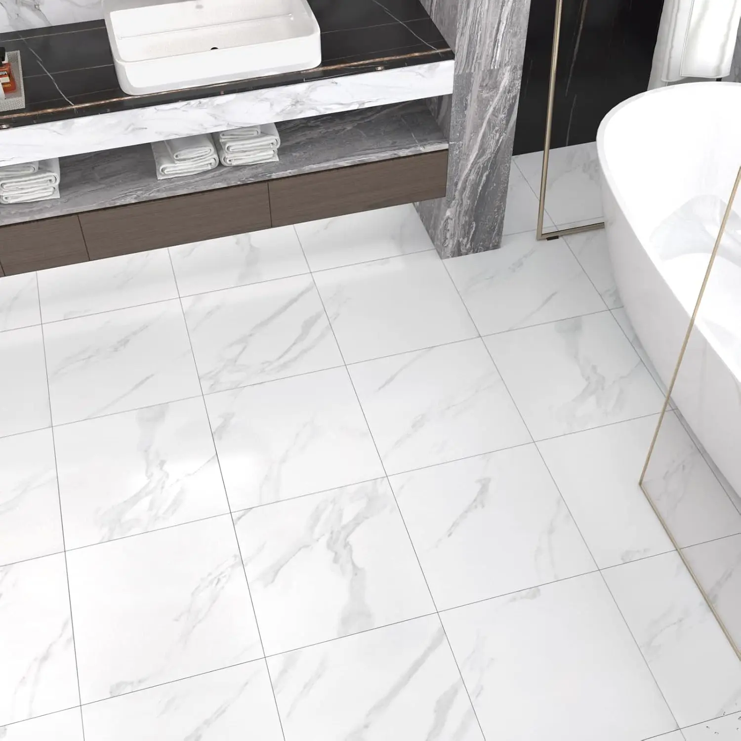 White Marble Peel and Stick Floor Tile Bathroom Self Adhesive Tiles Waterproof Kitchen Removable for Bedroom Living Room Camper 5 12" x