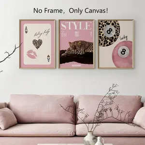 3 Pieces Playing Card A Canvas Painting Leopard Print Pink Billiard 8 Art Poster Leopard Wall Decor Girls Living Room Bedroom Decor No Frame Unframed Art Print