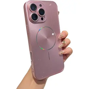 Magnetic CD Plating Aurora Glitter Bling Camera Lens Protection Case for iPhone 15 Pro Max (Pink) - Magsafe-Compatible, Wireless Charging-Supportive Smartphone Cellphone Handheld Casing Accessories
