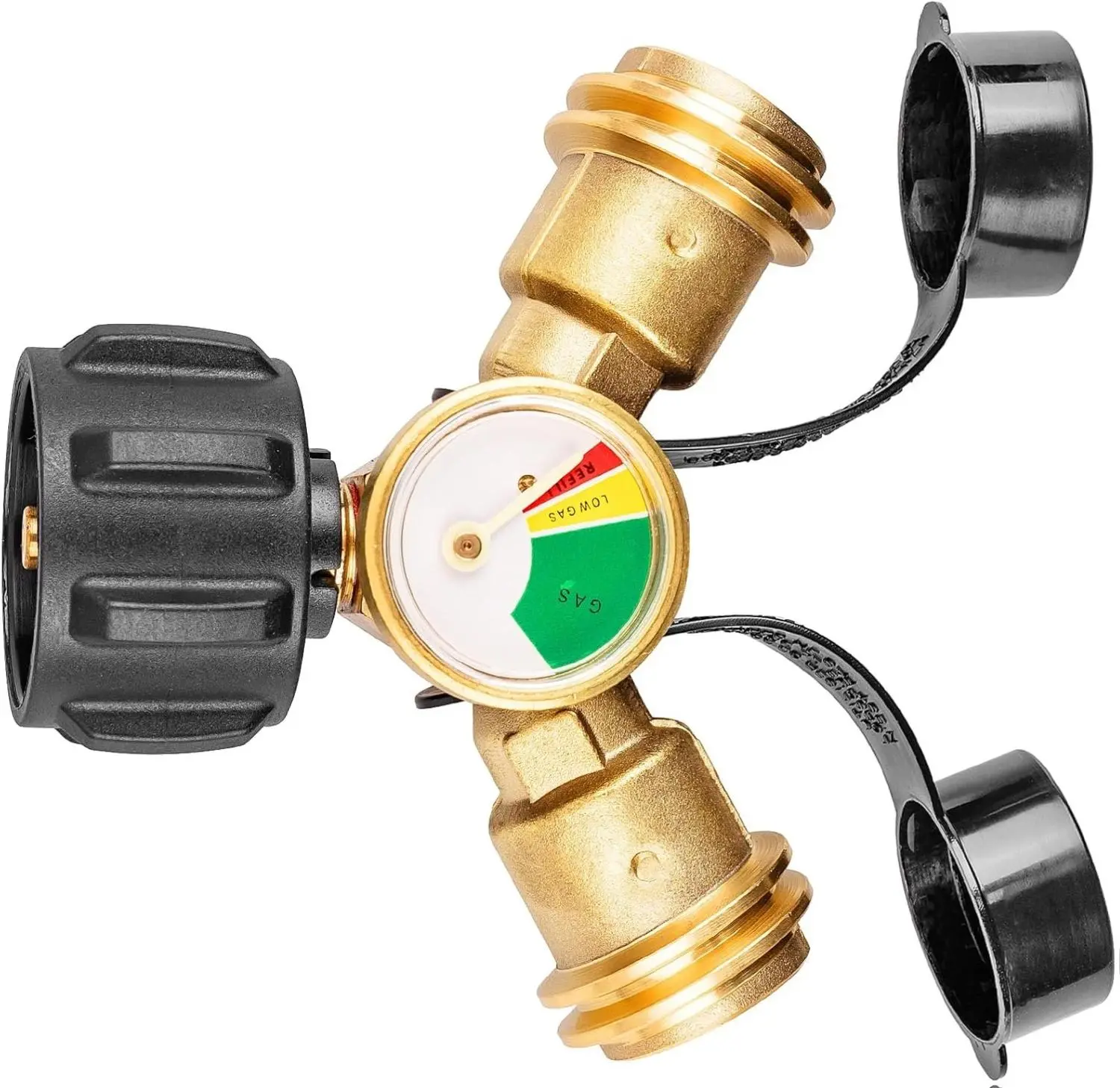 B BRAZIFY QCC1 2-Way Propane Tank Splitter with Gauge - Solid Brass Y-Splitter Adapter, POL Female, Metal, Shut-Off Valves, Dual Outlets, 4.5-5.5 in, 1-1.5 Lb Gas Flow for BBQ Grill, Camping