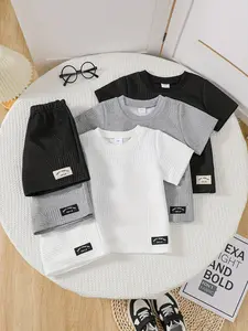 Boys' 6-Piece Casual Set: 3 Textured Tees (Black/Gray/White) & 3 Matching Shorts Sizes 4-7Y Ready Stock 12503157 Ribbed Set