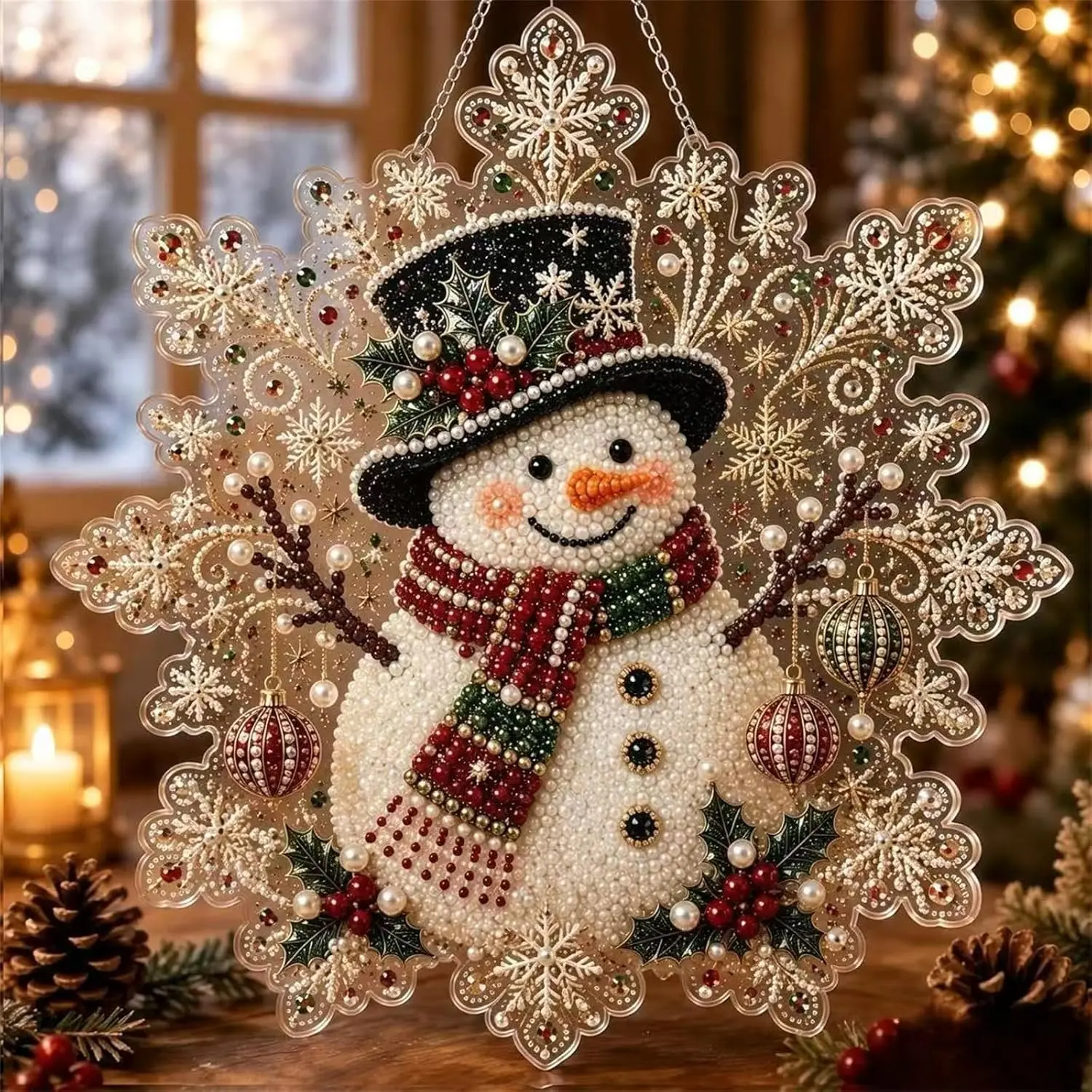 DIY Christmas Pearl Diamond Painting Ornament, 3D Snowflake Hanging Decoration with Sparkling Beads & Pre-Assembled Chain for Home Decor