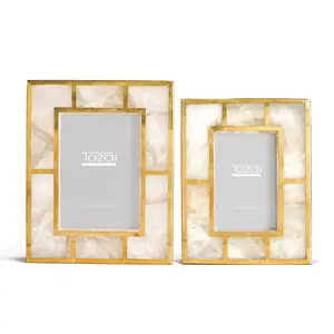 White Quartz Photo Frame with Brass Trim - Set of 2, Home Decor, Room Decor (HCM013-NS2)