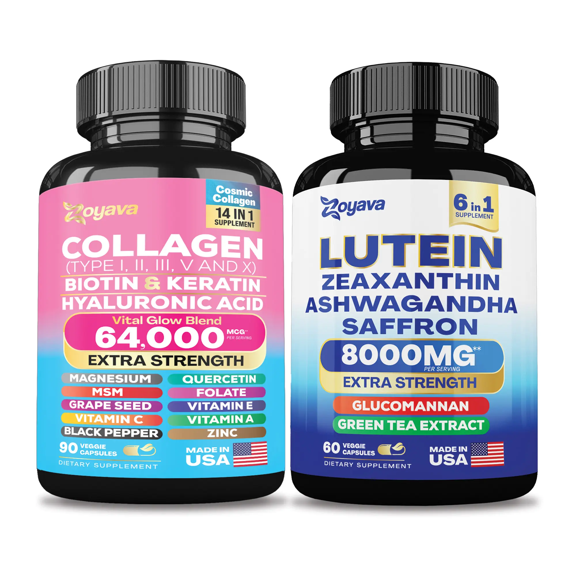 Zoyava Glowing Vitality Fusion - Collagen Beauty Complex (64,000MCG) & Lutein Zeaxanthin Supplements (8000MG) Duo
