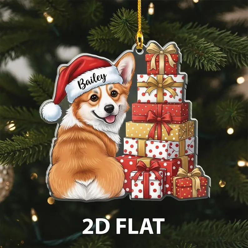 Corgi Flat Custom Name Ornament, Funny Dog Christmas Decor, Santa Corgi Gift, Welsh Corgi Lover Present