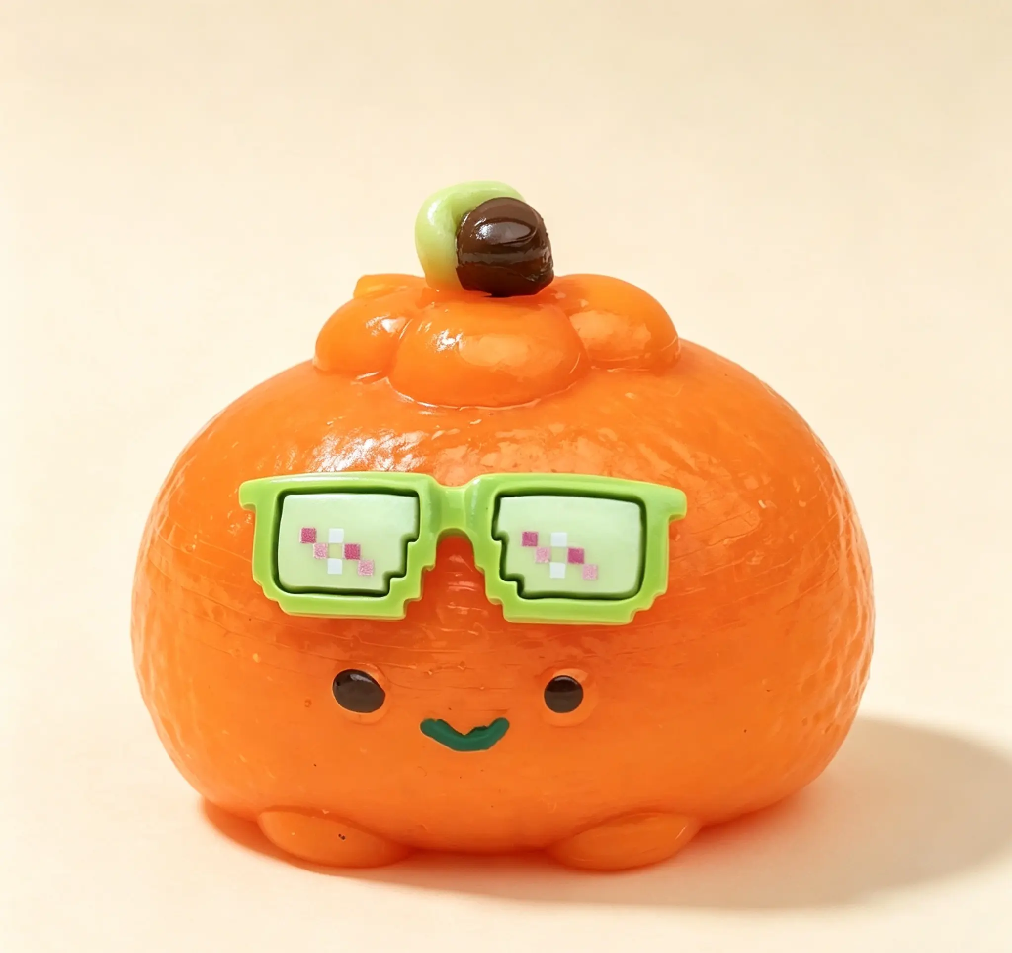 Lucky Orange Squishy With Pixel Glasses, Muddy Soft Gel Stress Relief Squeeze Toy