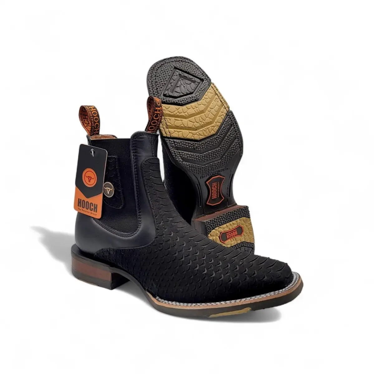 Men's Casual Western Wear Cowboy Boots - Nobuck Black Python-Embossed Python Print, Square Toe, Rubber Sole, Cowboy Aesthetic - Hooch Boots H42H0563