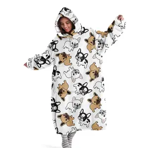 hoodie blanket, Wearable Blanket, French Bulldog Print Hooded Blanket Sweatshirt, Wearable Oversized Blanket with Sleeves, Comfortable Adult Hoodie, Women's Valentine Gift，Christmas Gift,Valentine's Day gift, Figure Print Blanket
