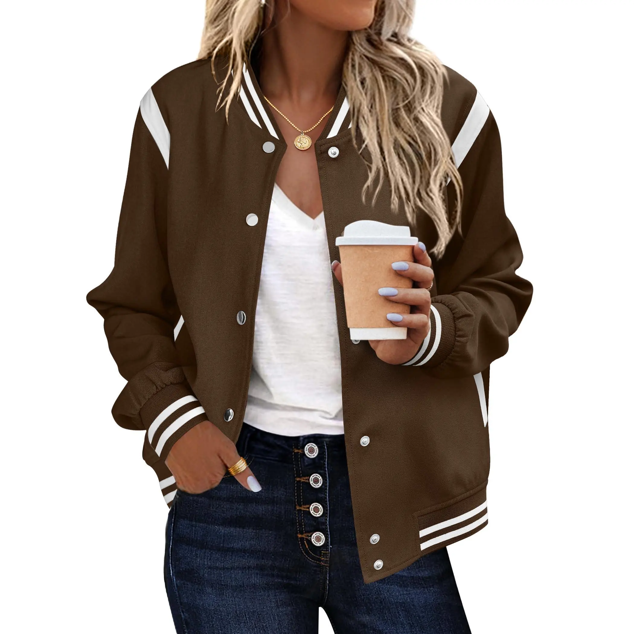ZEAGOO Women's Casual Lightweight Bomber Jacket, Long Sleeve Snap Button Coat with a Striped Collar and Pockets