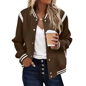 ZEAGOO Women's Casual Lightweight Bomber Jacket, Long Sleeve Snap Button Coat with a Striped Collar and Pockets