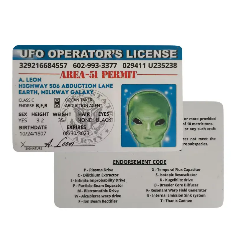 Hilarious Alien Prank Props Set, Ufo Operator's License Cards, Durable PVC Material, with Text, Custom, Perfect for Parties & Role-Play Events, Vibrant, Prank Gag Gift, Prank Gift Set, Prank Kit