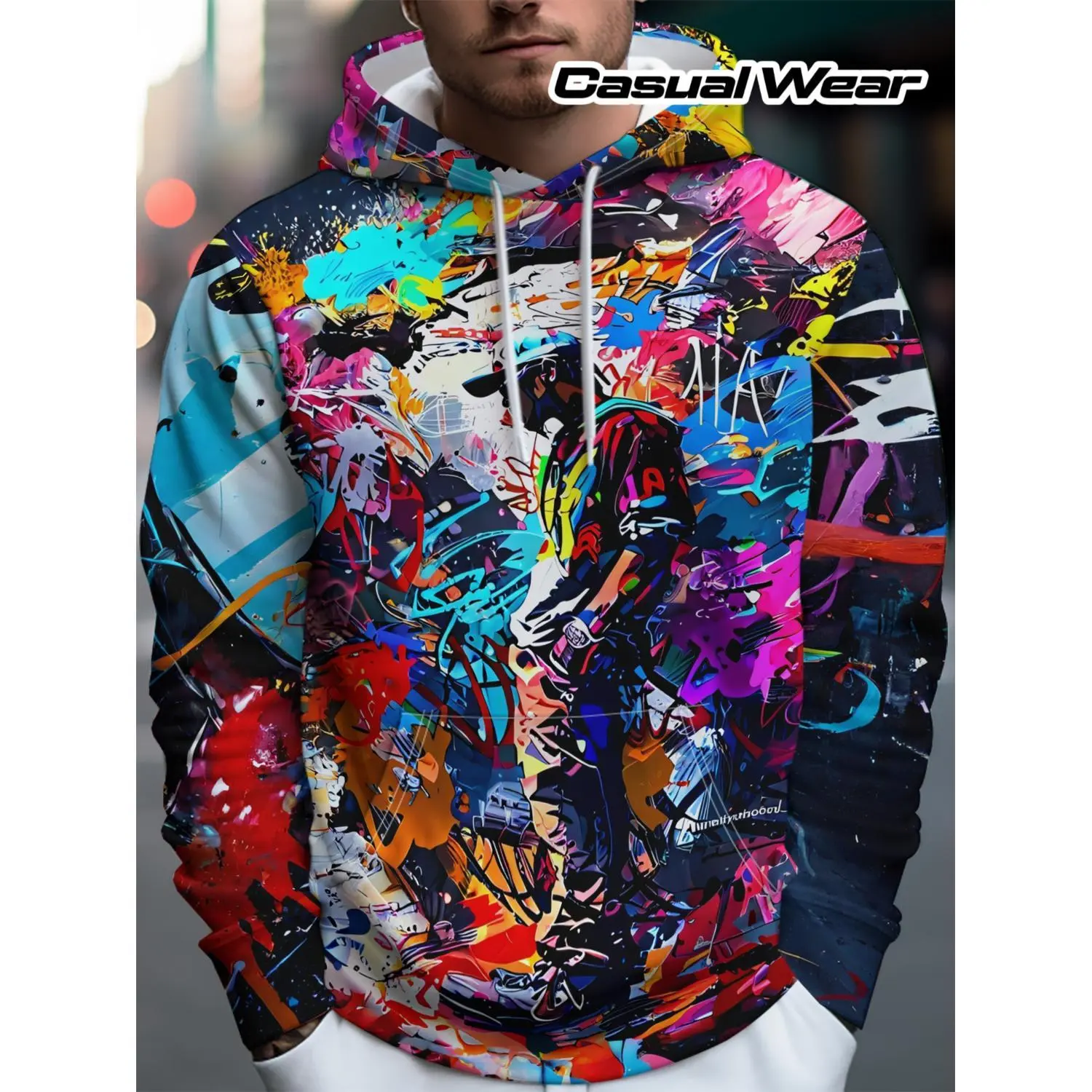 Men's Trendy Street Style Hoodie with Graffiti Art and Vibrant Back Design - Complete Streetwear Aesthetic, Rich Artistic Patterns for Personalized Outfits, Casual Drawstring Design