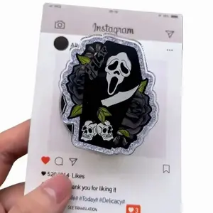Funny Ghost Face Coffin MagSafe Grip – "Hell?" Quote Glitter Art, Spooky Horror Movie Aesthetic, Gothic Phone Accessory for Her.