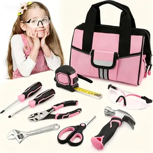 Junior Tool Set for Kids 9 Piece, Pink Hand Tool Kit with Storage Bag, Children DIY Building and Woodworking Set, Real Tools for Boys Girls Age 8+