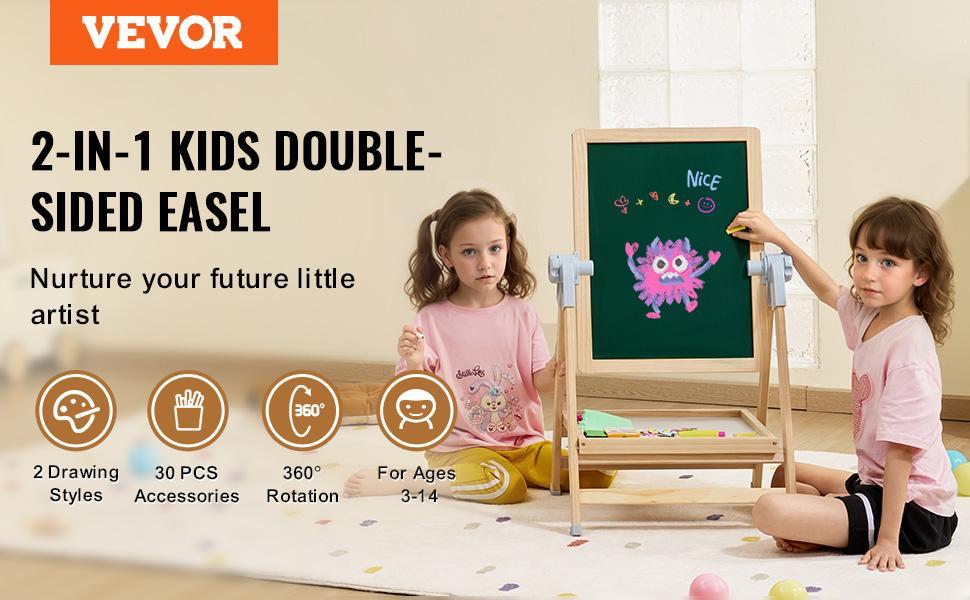 VEVOR 2-in-1 Kids Art Easel Double-Sided Wooden Magnetic Whiteboard Chalkboard，Christmas gift