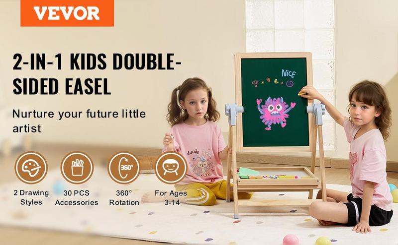 VEVOR 2-in-1 Kids Art Easel Double-Sided Wooden Magnetic Whiteboard Chalkboard，Christmas gift