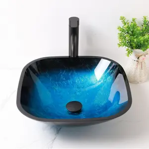 Lordear Bathroom Vessel Sink 17 x 17 Tempered Glass Bowl Turquoise Square Vessel Sink with Faucet and Pop-up Drain Combo Inch Matte Black Countertop Bathroom Sink Basin