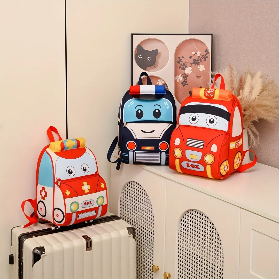 Child-Sized Car-Shaped Backpack with Colorful Cartoon Police Car Design for School and Travel Outings, Car-Shaped Backpacks, Cartoon Character Backpacks