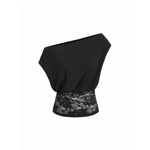 Cider Asymmetrical Neck Floral Lace Ruched Top