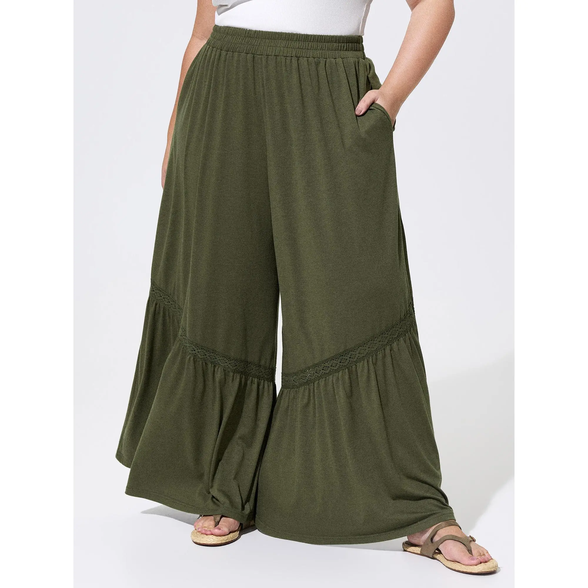 BloomChic Women's Plus Size Basics Boho Patchwork Straight-Leg Pants, Mid-Rise Pull-On Curves Look Good Bottoms, Stretchy Breathable Polyester Blend Fabric for Summer Everyday Casual Wear