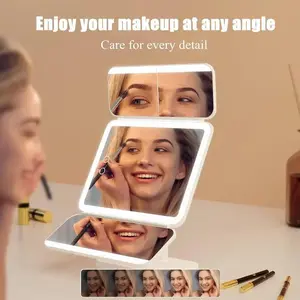 Portable LED Light Makeup Mirror tri-fold Foldable Rechargeable with 2x 3x & 1 x Magnification Touch Control for Travel & Bedroom Use