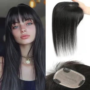 【Vasilia】Human Hair Toppers for Women Real Human Hair with Bangs Thin 9* 14CM Silk Base with Lace Clip in Straight Remy Hairpieces 150% Density 12 Inch Dark Brown