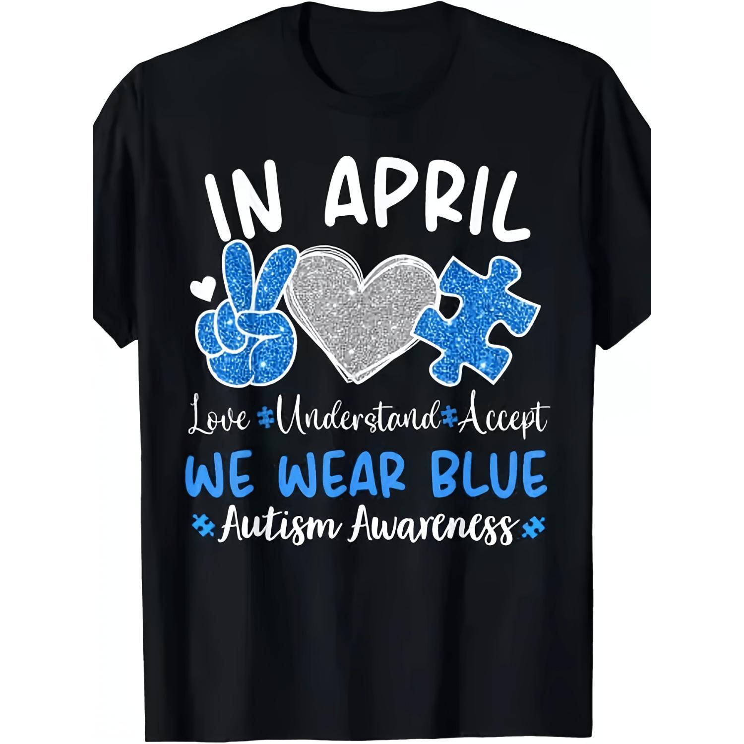 Autism Awareness April Wear Blue Heavyweight Cotton T Shirt with Puzzle ...