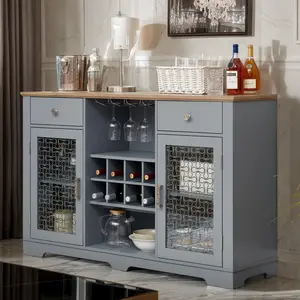 Eyisean 56" Modern Blue Wine Coffee Bar Cabinet with Tempered Glass Doors, Buffet Cabinet with Wine Rack & Drawers, Intricate Patterns for Kitchen, Living Room, Dining Room