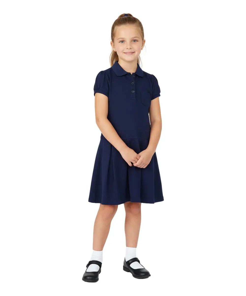 UNIK Girls' Classic Pique Fabric Polo Shirt Dress - Navy, Short Sleeve, Standard Fit, Buttons, 5-18 Years, Junior Dresses, Casual/Uniform Wear, GDU08