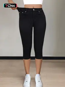 GILIPUR Women's Black Medium Stretch Knitted Skinny Capri Pants, Mid Waist Button Closure Slim Fit Cropped Knee Length Trousers with Pockets, Casual Elastic Waist Summer Daily Outdoor Commute Wear for Women TChic