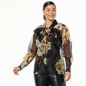 Colleen Lopez Button Front Chiffon Blouse with Tie Neck