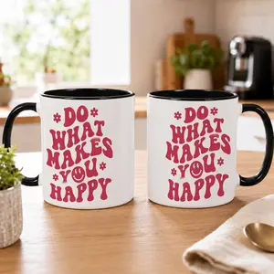 DO WHAT MAKES YOU HAPPY Inspirational Mug (11oz/15oz), Positive Quote Coffee Cup, Minimalist Typography Print, Durable Ceramic, Vibrant Color, Dishwasher Safe, Office Desk Decor, Gift for Coffee Lovers, Birthday or Holiday Present