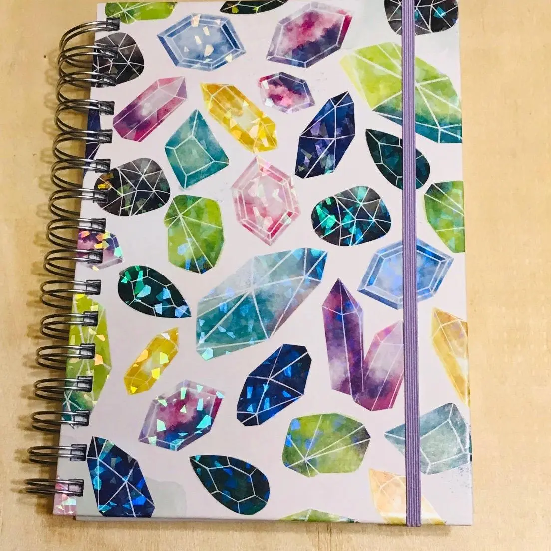 Crystal Themed Spiral Notebook with Colorful Gemstone Design and Spiral Binding