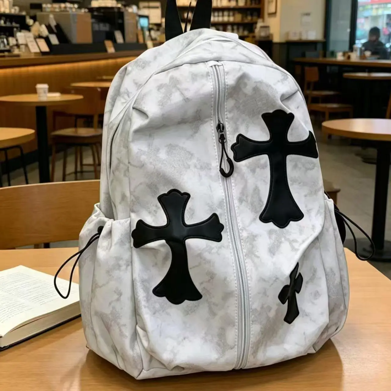 White Grey Tie Dye Marble Cross Backpack, Large Capacity School Bookbag, Streetwear Casual Travel Daypack for Boys Girls