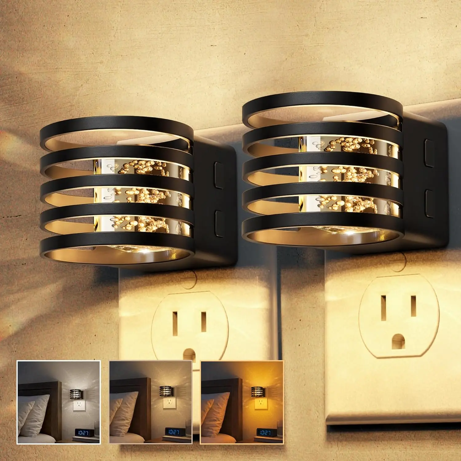DORESSHOP Night Lights Plug into Wall, 2 Pack 3CCT Night Light with Dusk to Dawn Sensor, Amber/3000K/5000K Color Changing Night-Lights, Adjustable Brightness, for Hallway Bedroom Home Decor