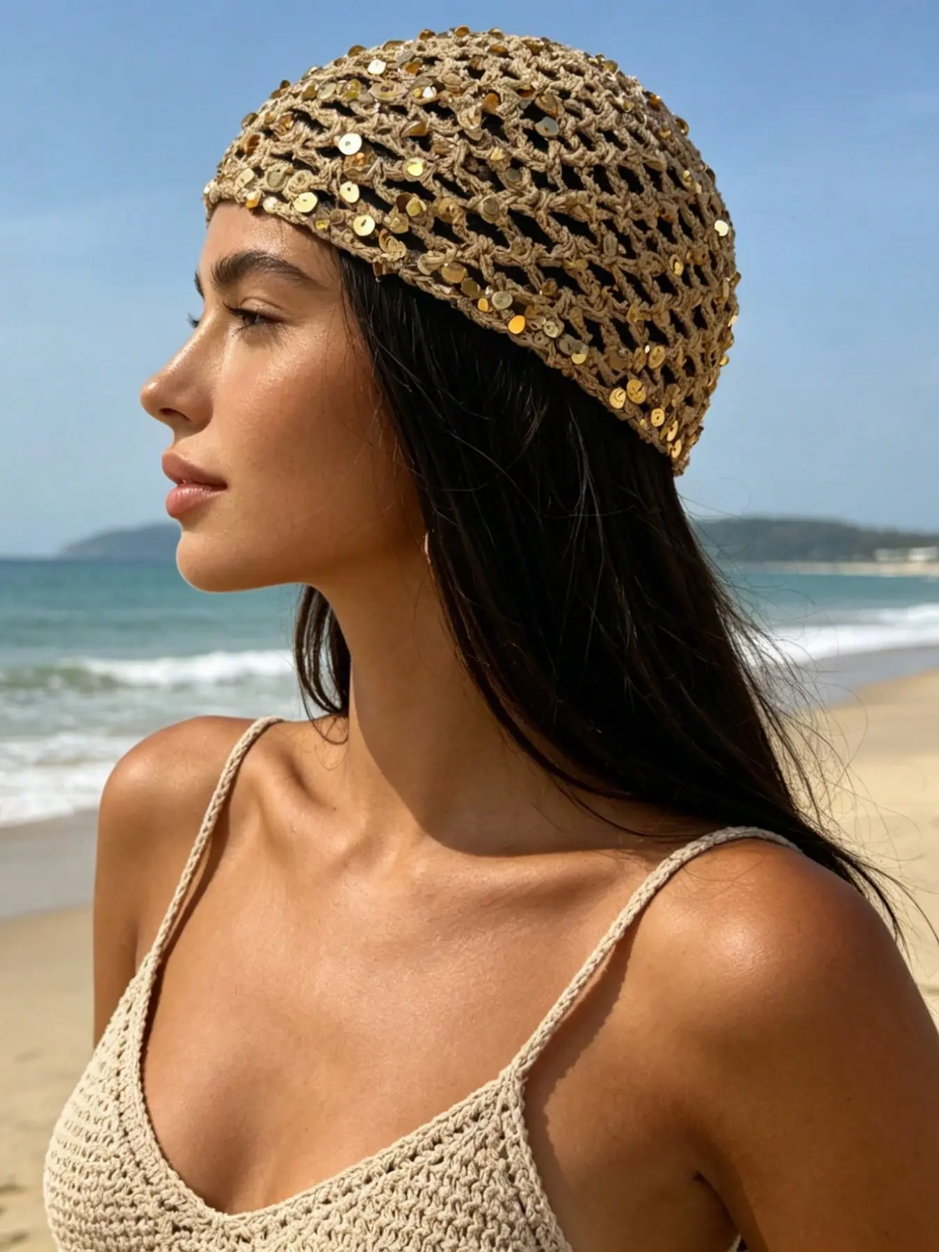 Fashionable Versatile Solid Color Hollow Sequin Knit Beanie Hat, Boho Style Stretch Fitted Beanie for All Seasons, Women's Headwear, Casual Stretchy Beanie