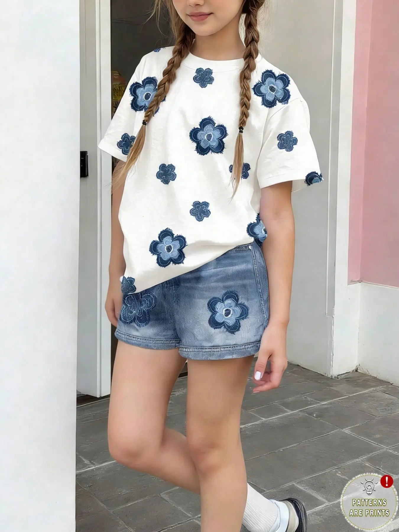 Girls' Floral Denim Print Set, Summer Casual 2-Piece, Comfortable Elastic Waist Pants, Perfect for Outdoor Activities, Ages 4-12, Summer Clothing Set