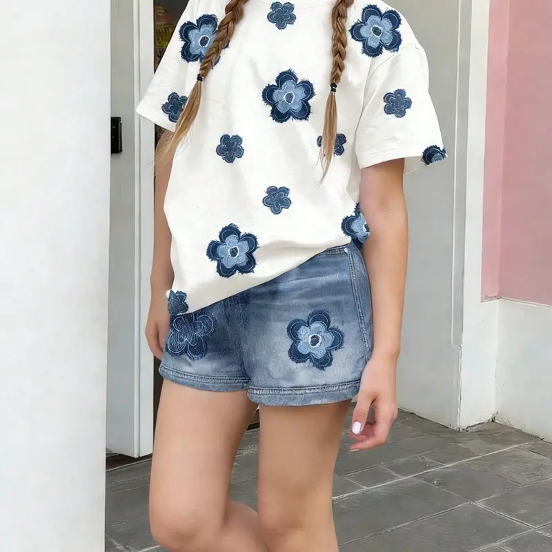 Girls' Floral Print Set, Summer Casual 2-Piece, Comfortable Elastic Waist Pants, Perfect for Outdoor Activities, Ages 4-12, Clothes Kids