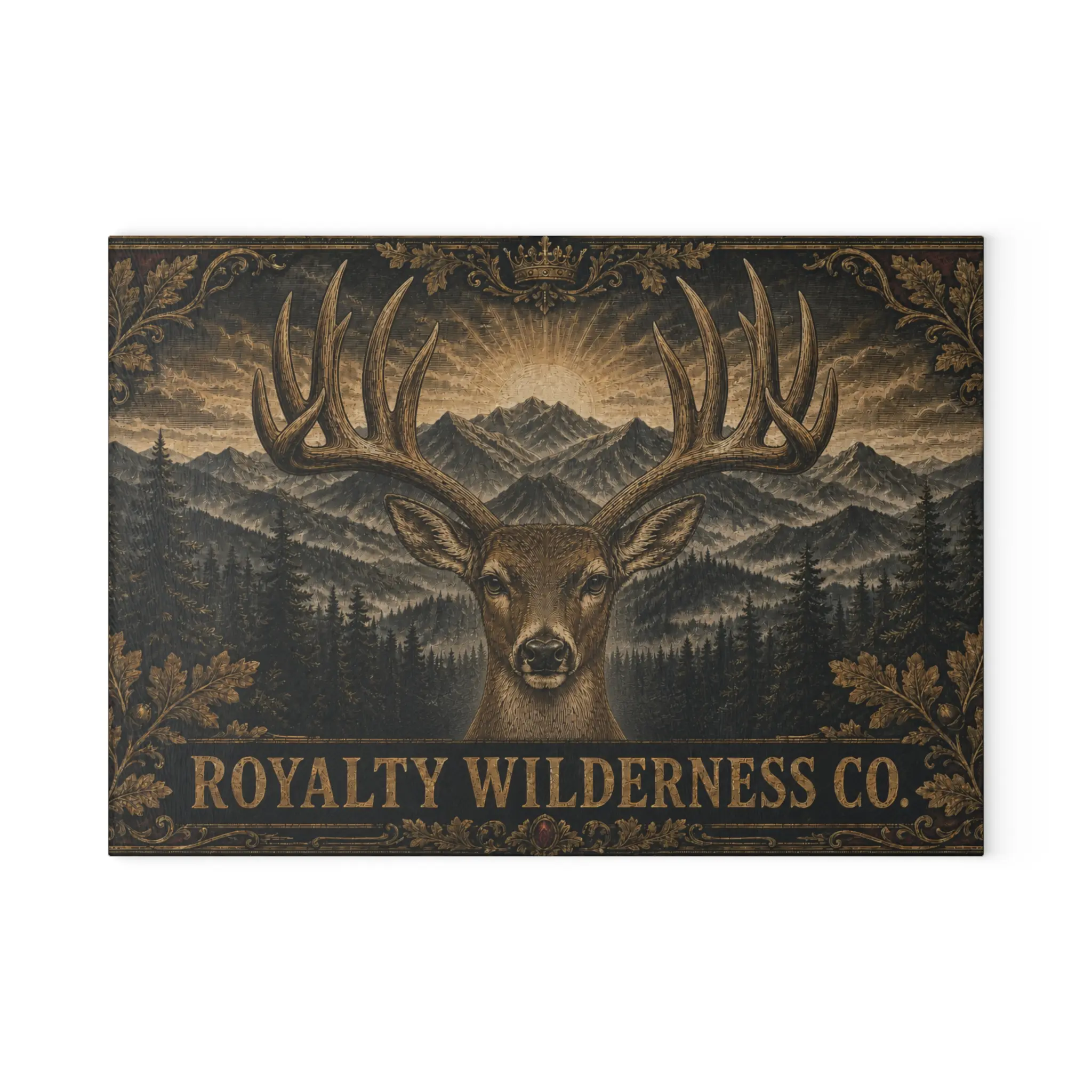 Glass Cutting Board — 'Royalty Wilderness Co.' Deer & Mountain Rustic Kitchen Decor