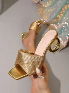 Millennial Cross Strap Sandals, Ring Metal Heel High Heel Shoes, European Style Party Footwear, Fashionable Square Toe PU Leather, Stylish Elegant Sandals, Metallic