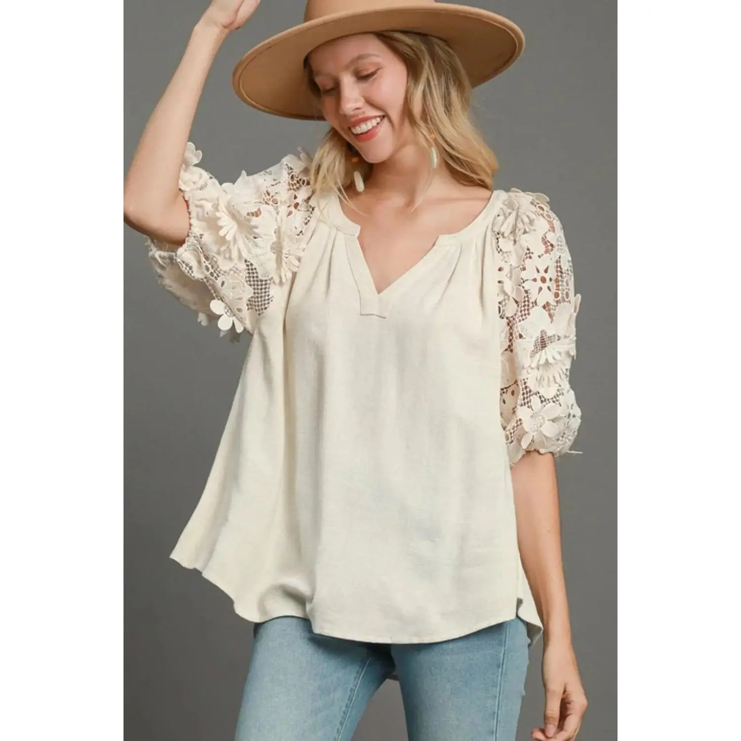 Women's Umgee Floral Lace Top - French Terry Linens Blend, Boxy Cut, 3D Sleeve, High-Low Hem, Full Size & Plus Size Options