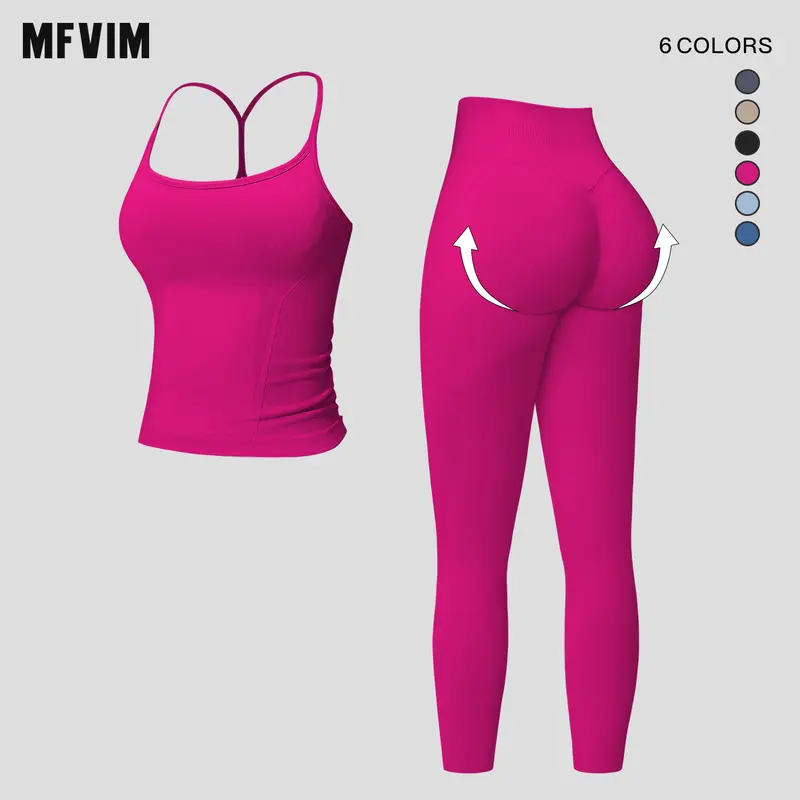 MFVIM Women’s 2-Piece Vertical Stripe Activewear - Waist-Cinching Crossback Tank Top, High-Stretch Butt-Lifting Long Pants, Gym Sets, Matching Workout Sets, Back to School
