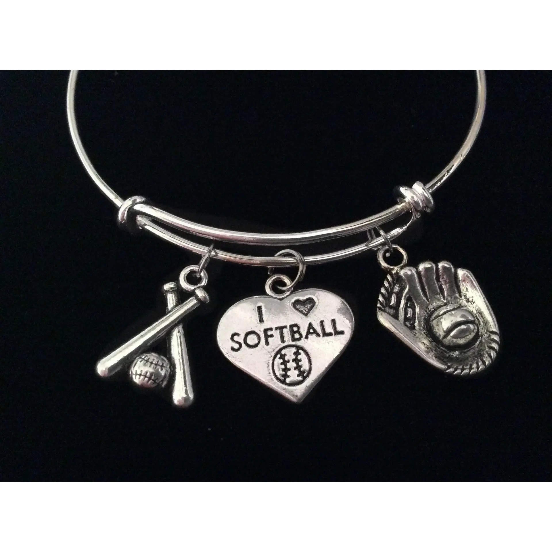 I Love Softball Bats Mitt Glove Expandable Charm Bracelet Adjustable Bangle Sports Team Coach Gift