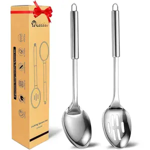 2 Pack Large Cooking Spoon Set, Stainless Steel Serving Spoon and Slotted Spoon for Cooking, Heat Resistant Long Basting Spoons with Round Handle for Mixing and Serving