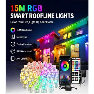 Permanent Outdoor Lights, 15m Smart RGB+IC Eave Lights with 75 Scene Modes, DIY Scene Modes, 60 LED Bright Bulbs, IP68 Waterproof, App/Remote Control, Compatible with Alexa for Christmas Halloween