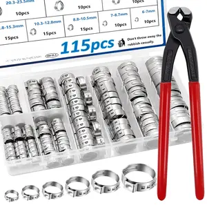 115Pcs 10-Sizes 304 Stainless Steel Single Ear Hose Clamps with Ear clamp plier 6-28.6mm Crimp Hose Clamps Assortment Kit for Auto/Home Appliance/Pipe/Fuel Line Stepless hose clamp with pincer
