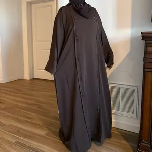 Iiman Brown and Dark Gray Closed Abaya with Embroidered Details and Long Sleeves for Modest Wear