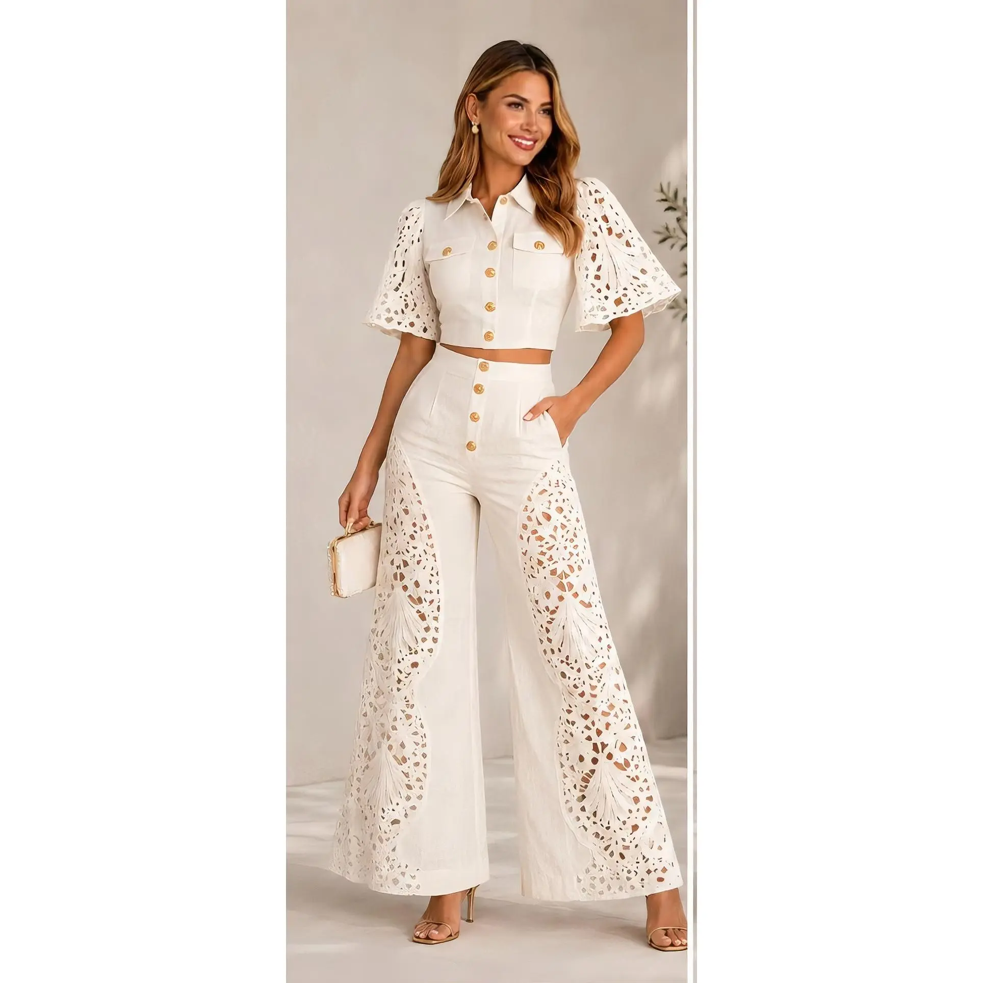 Women's Elegant Ivory Lace 2-Piece Set - Collared Cropped Button-Front Top, Lightweight High-Waisted Wide-Leg Pants with Intricate Lace Embroidery & Cutout, for Bridal Vacations & Special Occasions