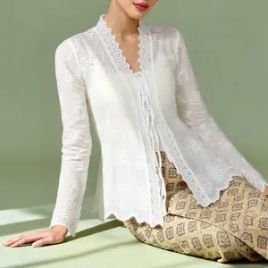 Modern Kebaya Nyonya Wanita Top Shirt with V-Neck Print, Elegant Tie Design, Unusual Hem, Lace-Trimmed Top