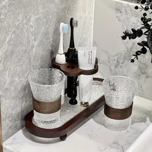 Vintage 2 Cups Toothbrush and Toothpaste Storage Rack Set for Bathroom Countertop Retro Style Vanity Organizer with 1 Set